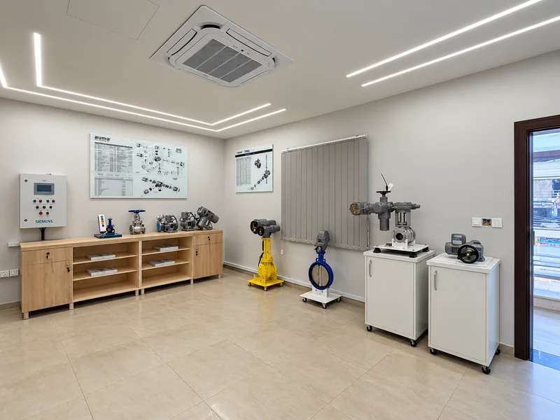 Valves and actuators on cabinets and stands in a technical showroom.