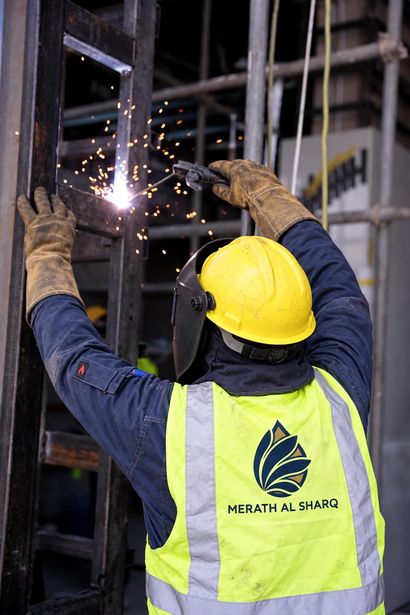 Person in a hard hat, face shield, gloves and high-visibility vest welding a steel frame.